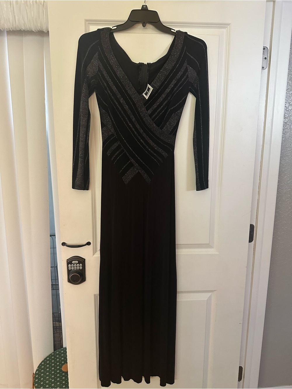 Tadashi Shoji Black Long-Sleeve Evening Gown with Silver Accents